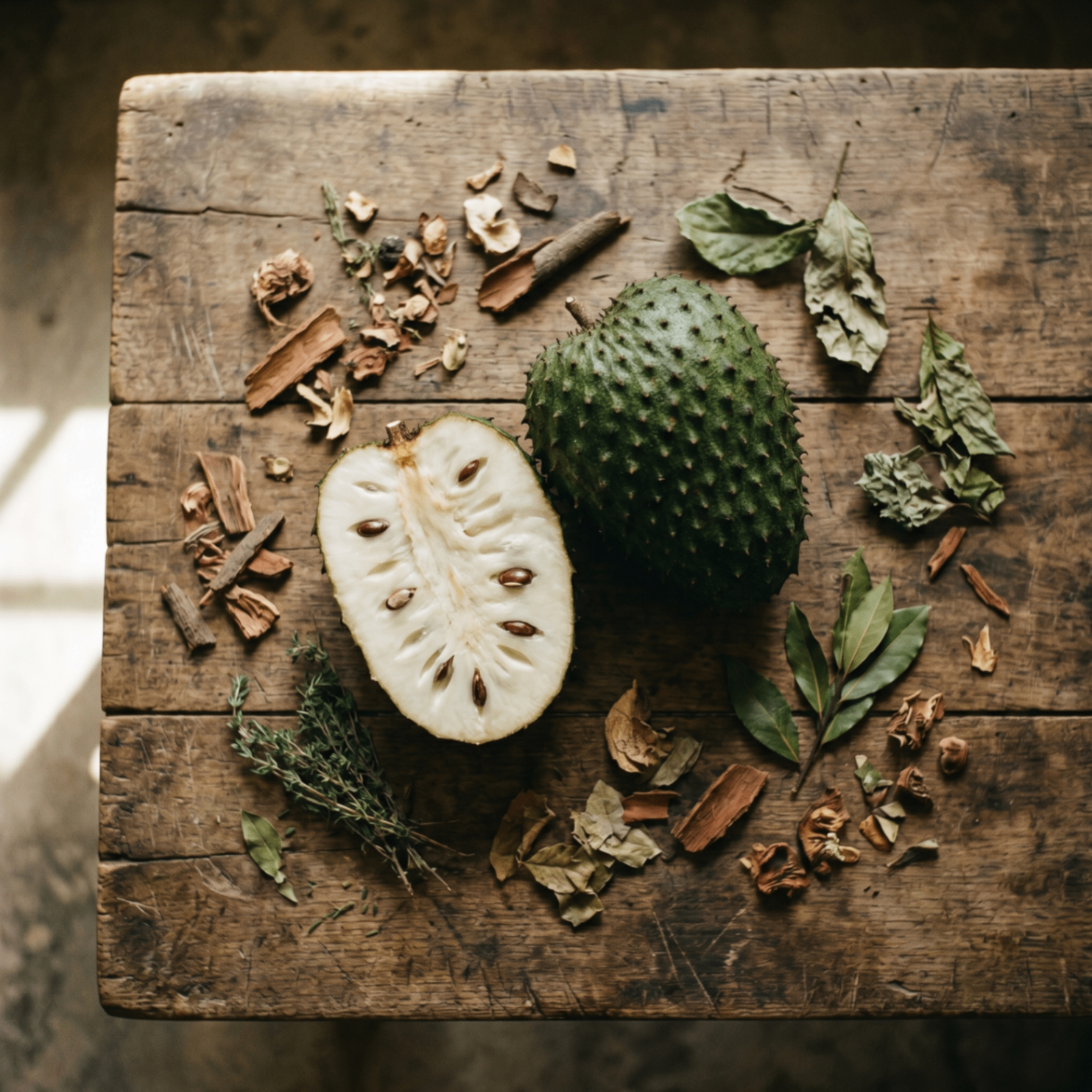 Halved soursop fruit surrounded by dried botanicals and herbs on a rustic wooden table